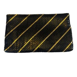 Black & Gold Mesh‎ Clutch Purse – Diagonal Stripe Design – Chain Shoulder Strap